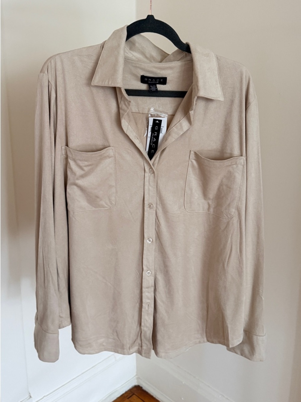 NWT Faux Suede Button-Down Shirt in Light Taupe